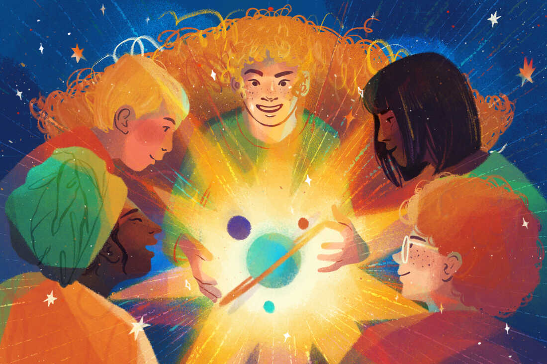 Illustration of a person manifesting a glowing universe in their hands as they tell a story, creating a world with their words. They are surrounded by four people looking on at their universe in awe.