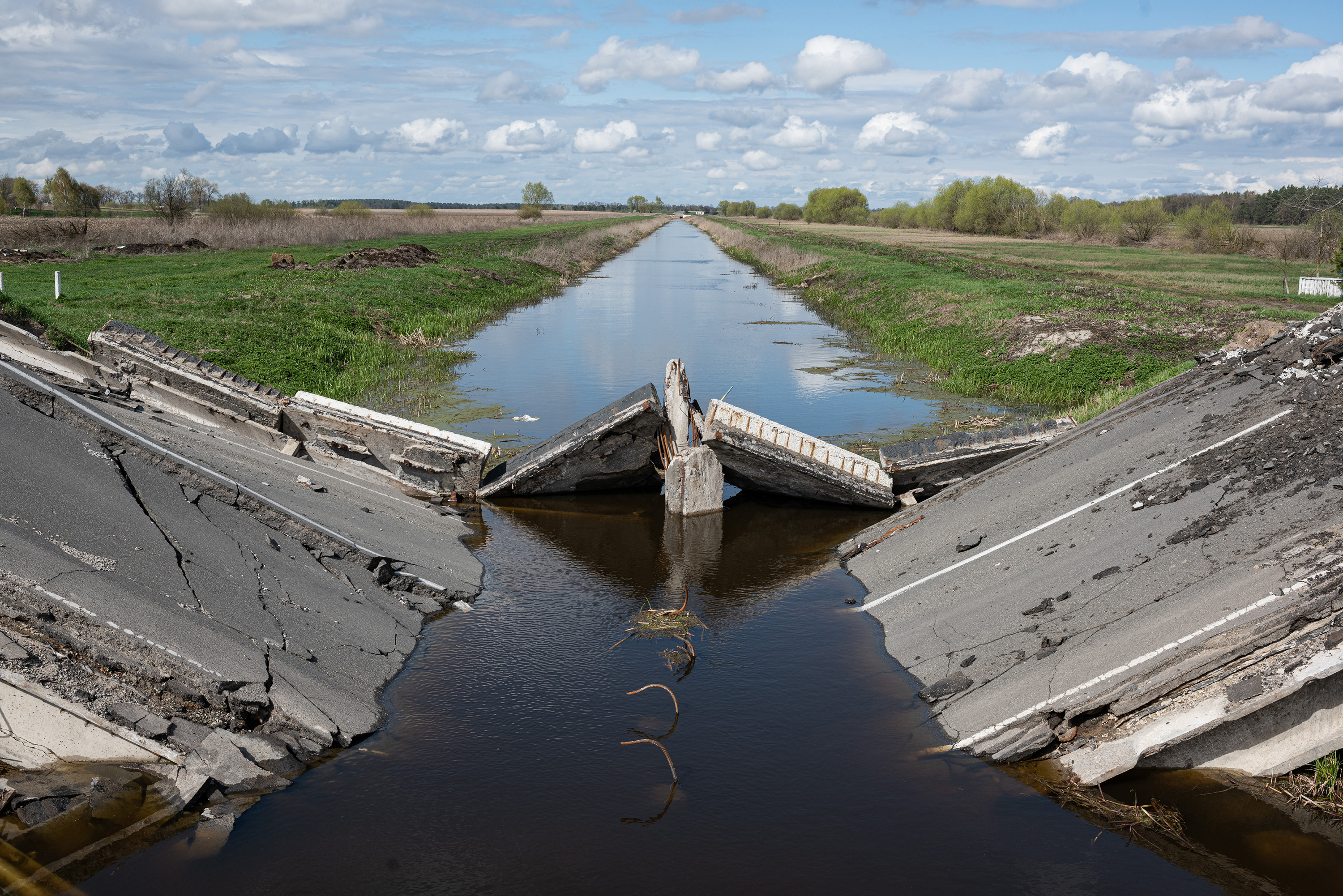 April 26: A collapsed bridge in Rusaniv, Ukraine.