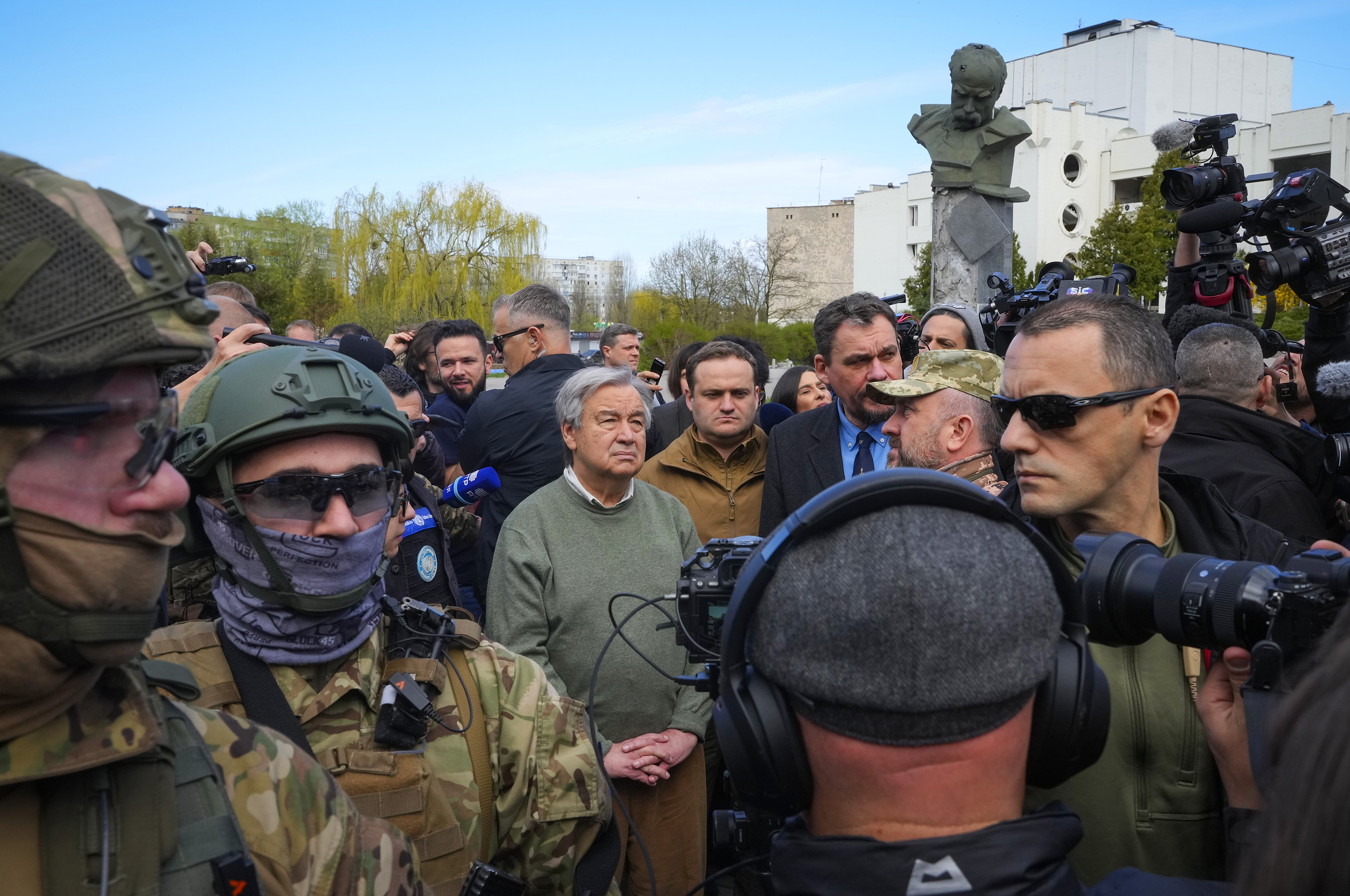 April 28: U.N. Secretary-General António Guterres, center, reacts during his visit to Borodyanka, close to Kyiv, Ukraine.