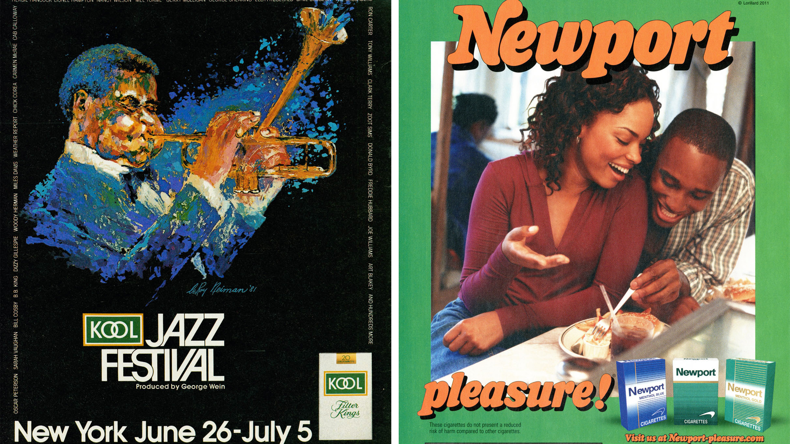 Left: A Kool cigarettes advertisement targeting Black communities for a sponsored event, the Kool Jazz Festival; Right: A Newport cigarettes ad targeting young Black customers.