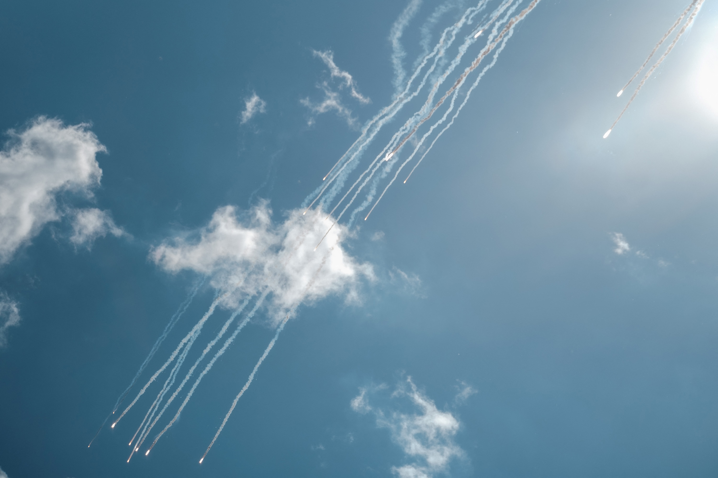 April 27: Decoy flares are seen after being released by an Ukrainian Sukhoi Su-25 providing an air support to Ukrainian troops on the ground during the battle near Yampil, eastern Ukraine, amid Russian invasion of Ukraine.