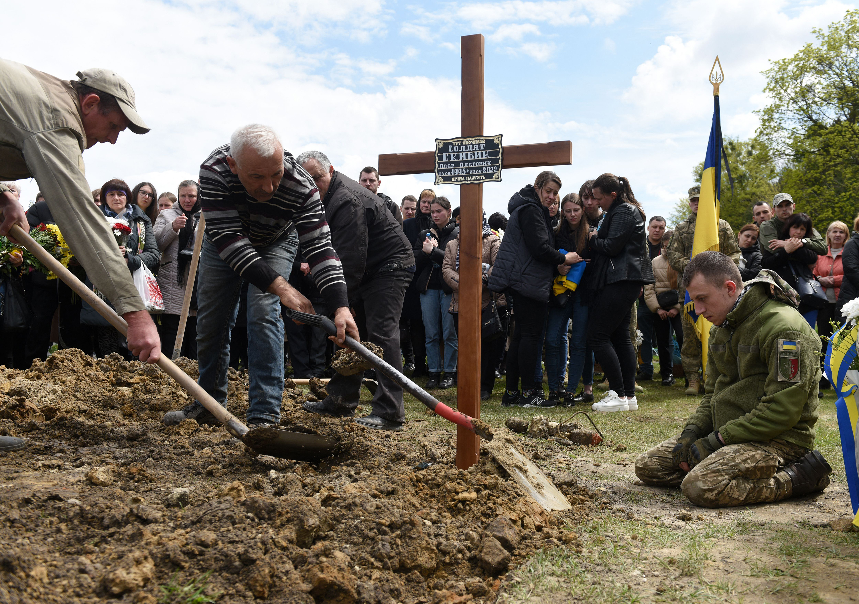 April 28: Relatives and friends attend the funeral of Ukrainian serviceman Oleh Skybyk, killed during Russia's invasion of Ukraine, at Lychakiv cemetery in the western Ukrainian city of Lviv.