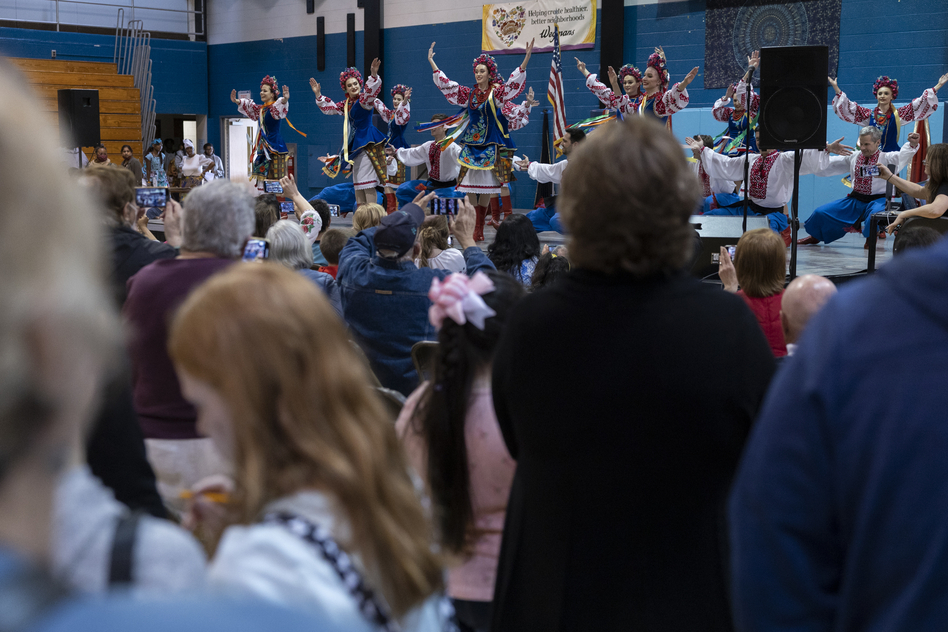 The Ukrainian dance ensemble Voloshky performs its last dance number at the International Spring Festival.