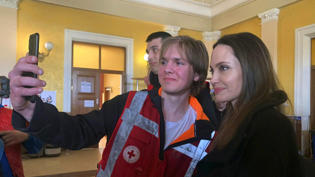 Angelina Jolie met with refugees and volunteers during a surprise visit to Lviv