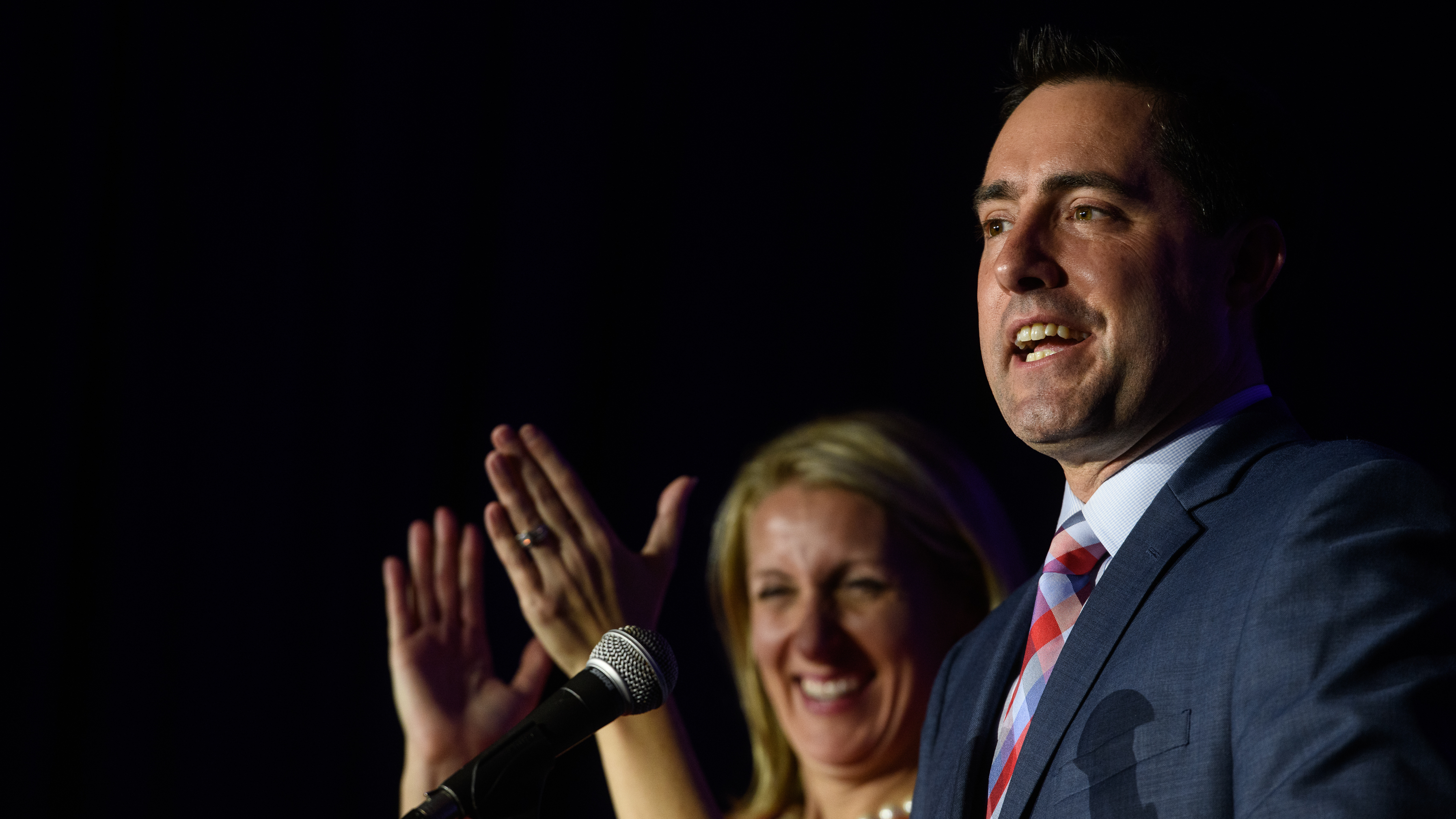 Ohio Secretary of State Frank LaRose gives his victory speech after winning his election in 2018. (Getty Images)