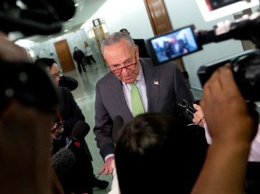 Senate Majority Leader Chuck Schumer, D-N.Y., speaks to reporters April 27 outside the Senate Judiciary Committee on Capitol Hill in Washington. (AFP via Getty Images)