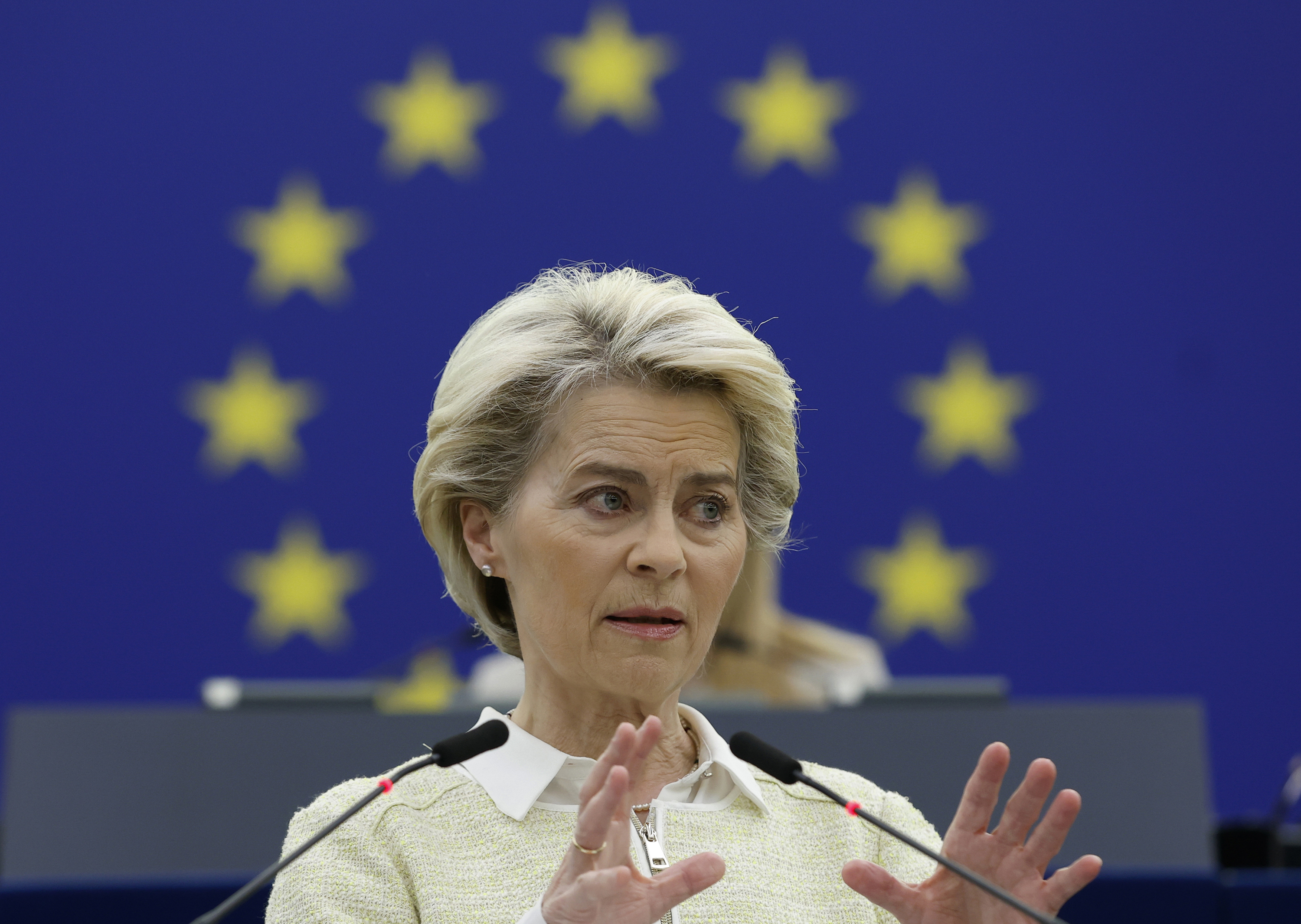 European Commission President Ursula von der Leyen speaks Wednesday at the European Parliament in Strasbourg, France. (AP)