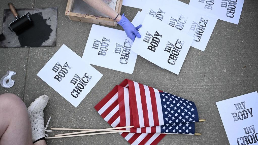 Pro-choice demonstrators make signs Tuesday in front of the U.S. Supreme Court in Washington. (AFP via Getty Images)