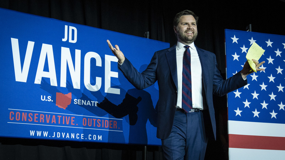 Ohio Republican U.S. Senate candidate J.D. Vance arrives onstage in Cincinnati after winning the primary Tuesday night. (Drew Angerer/Getty Images)