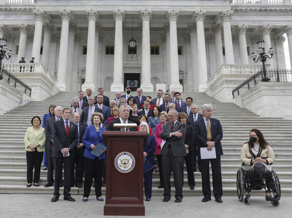 Senate Majority Whip Dick Durbin, D-Ill., speaks on Tuesday at a news conference about the leaked Supreme Court draft decision to overturn Roe v. Wade.