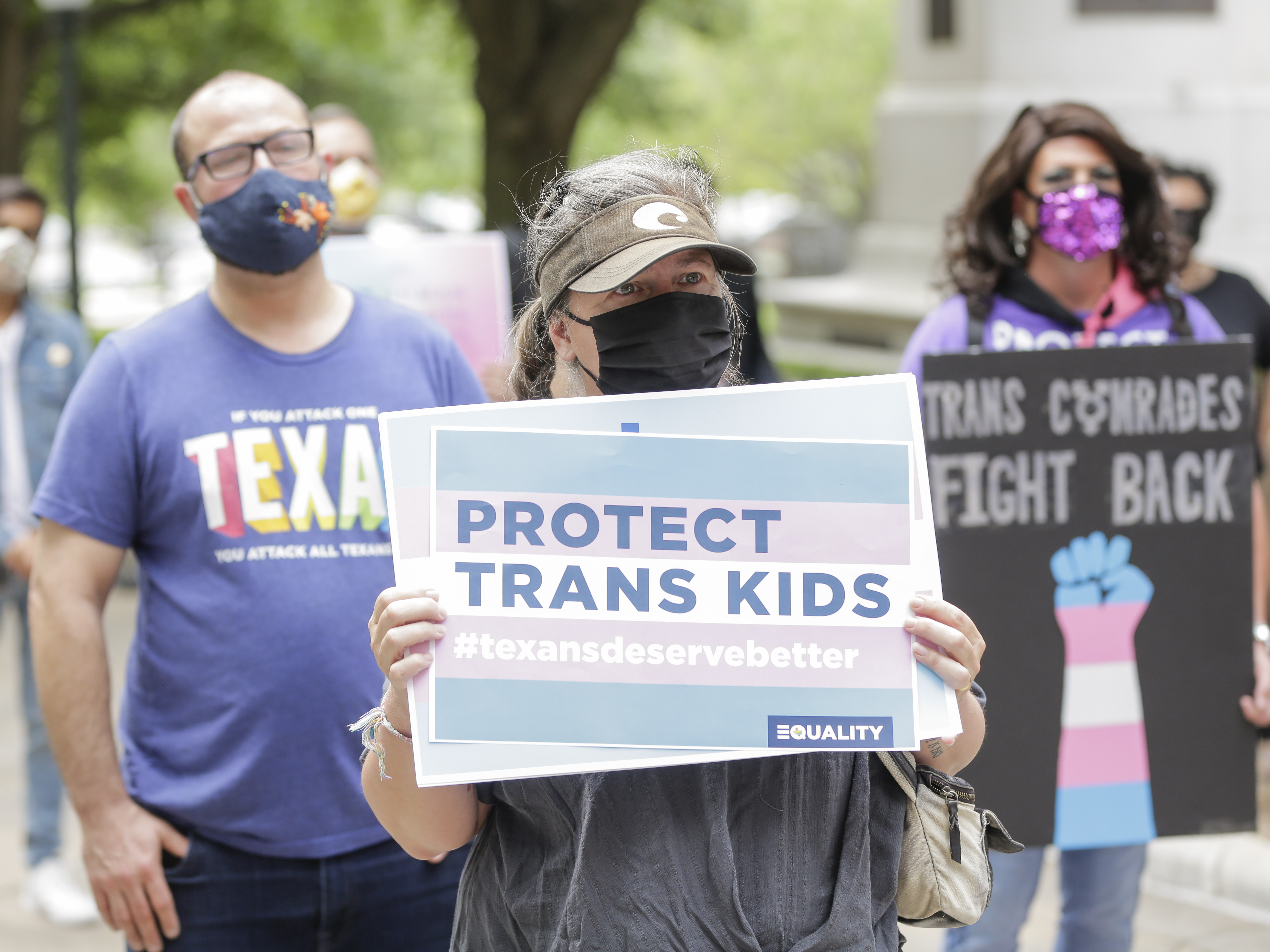 Protesters rally at the Texas State Capitol on May 4, 2021 in Austin to stop proposed medical care ban legislation that would criminalize gender-affirming care. (AP Images for Human Rights Campaign)