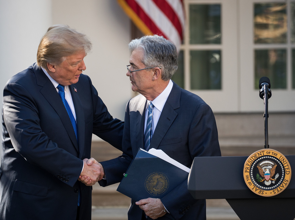 Former President Trump shakes hands with Powell during a press event in the Rose Garden at the White House in Washington, D.C., on Nov. 2, 2017. Trump nominated Powell as Fed chair to replace Janet Yellen at the helm of the central bank.