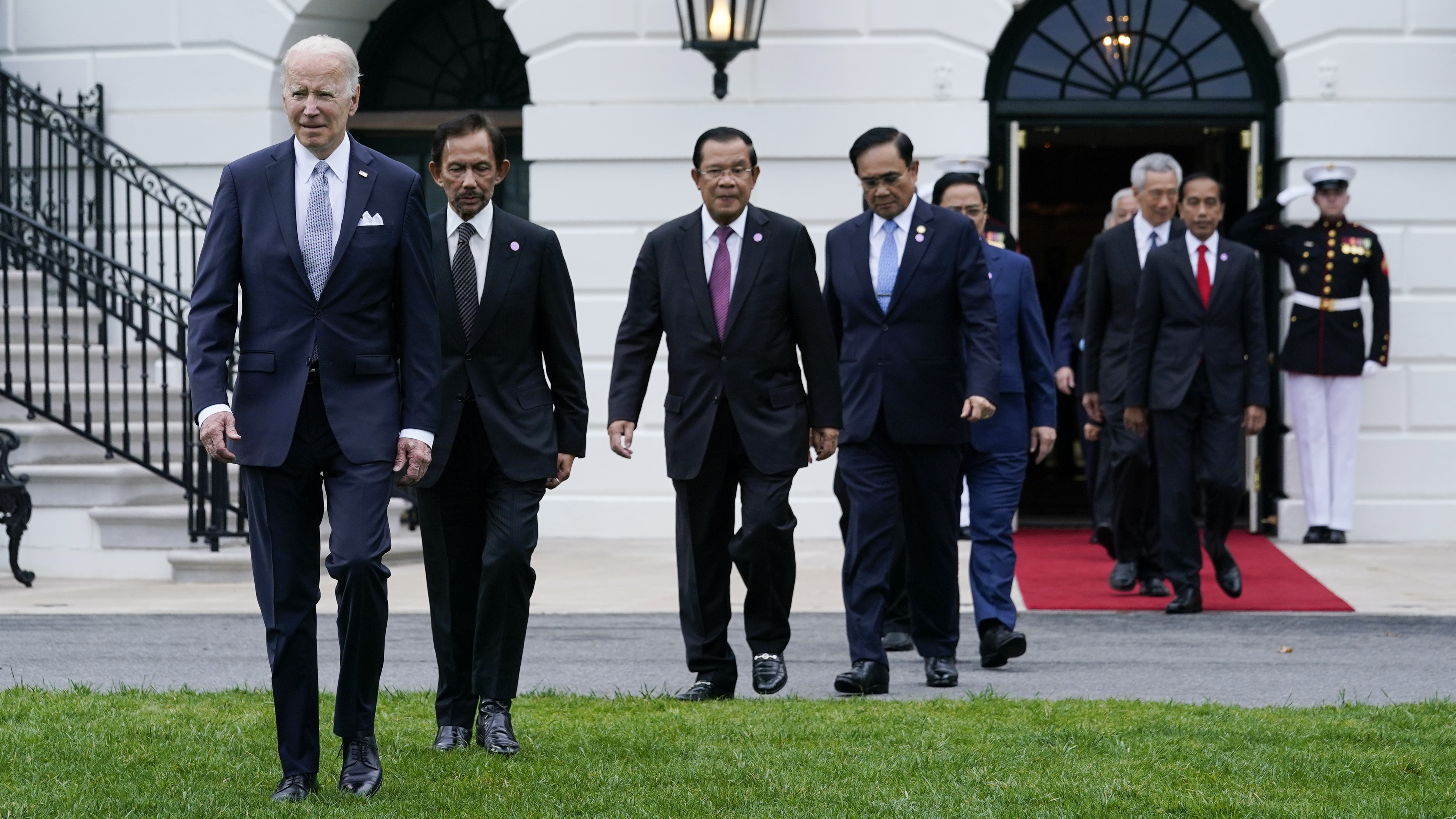 President Joe Biden and leaders from the Association of Southeast Asian Nations arrive for a group photo on the South Lawn of the White House in Washington, Thursday, May 12, 2022.