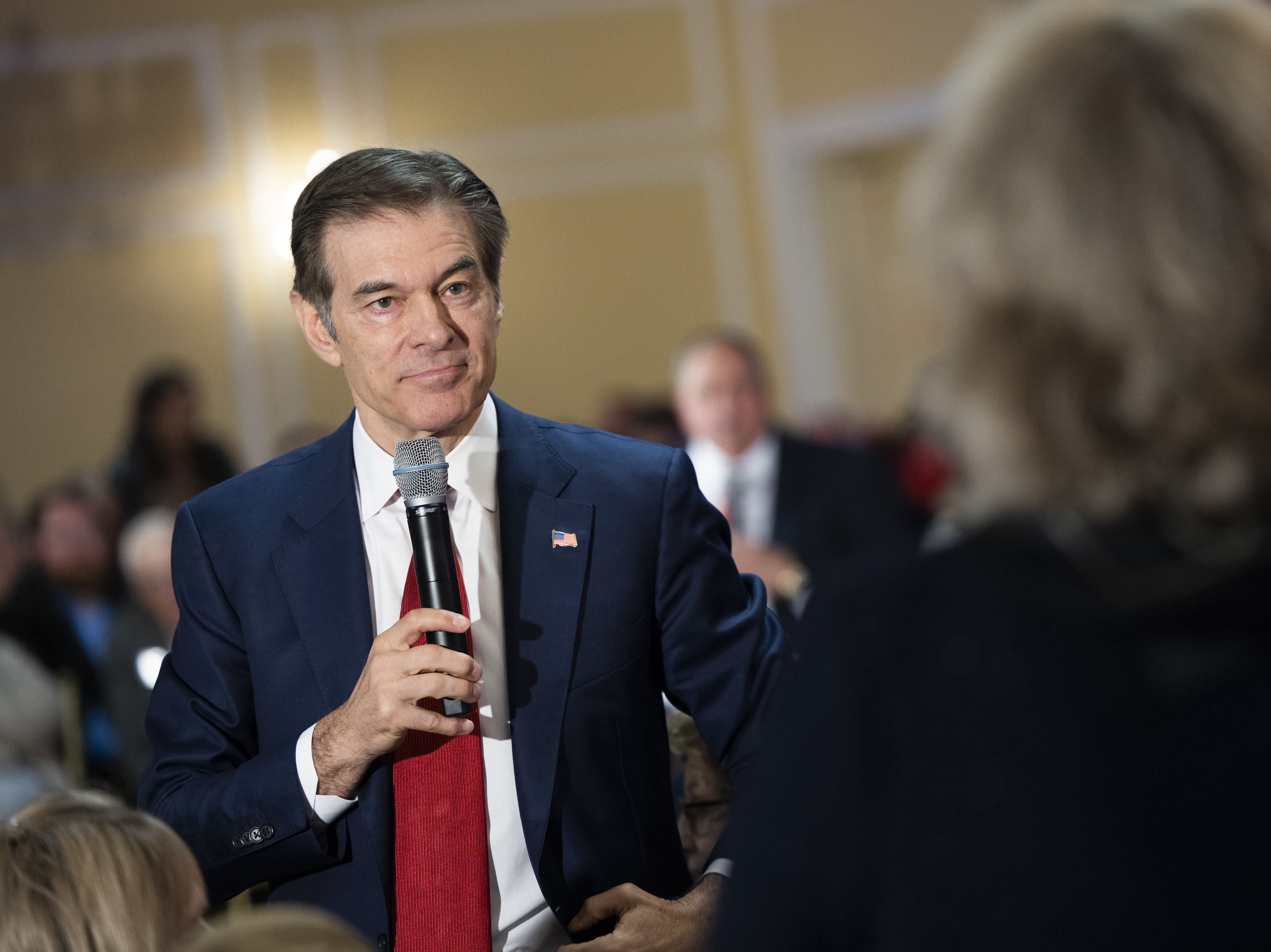 Mehmet Oz, celebrity physician and U.S. Republican Senate candidate for Pennsylvania, listens to a question from an attendee during a campaign event in Bristol, Pennsylvania, U.S., on Thursday, April 21. (Bloomberg via Getty Images)