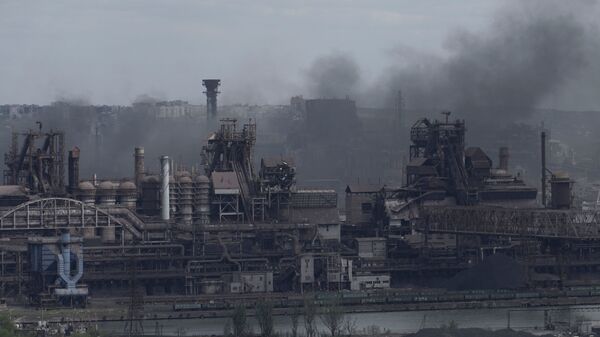 A view shows the Azovstal steel plant in the city of Mariupol on May 10. Hundreds of Ukrainian soldiers have been evacuated to Russian-controlled territory.
