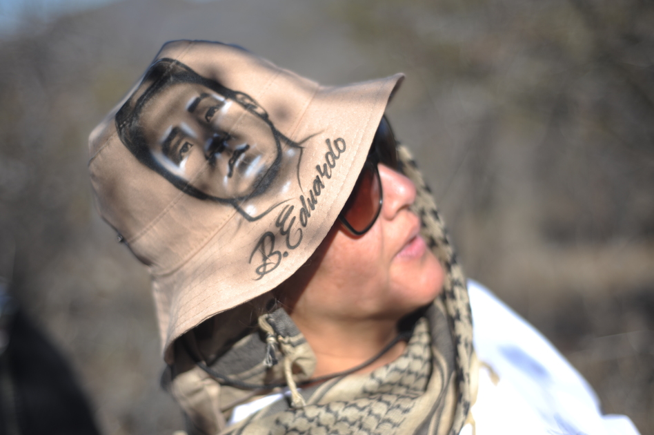 Virginia Garay is part of a national search brigade in Mexico, digging in hidden graves and elsewhere for her missing son, who is pictured on her hat. Her son, Bryan, went disappeared when he was 19 years old in February 2018.