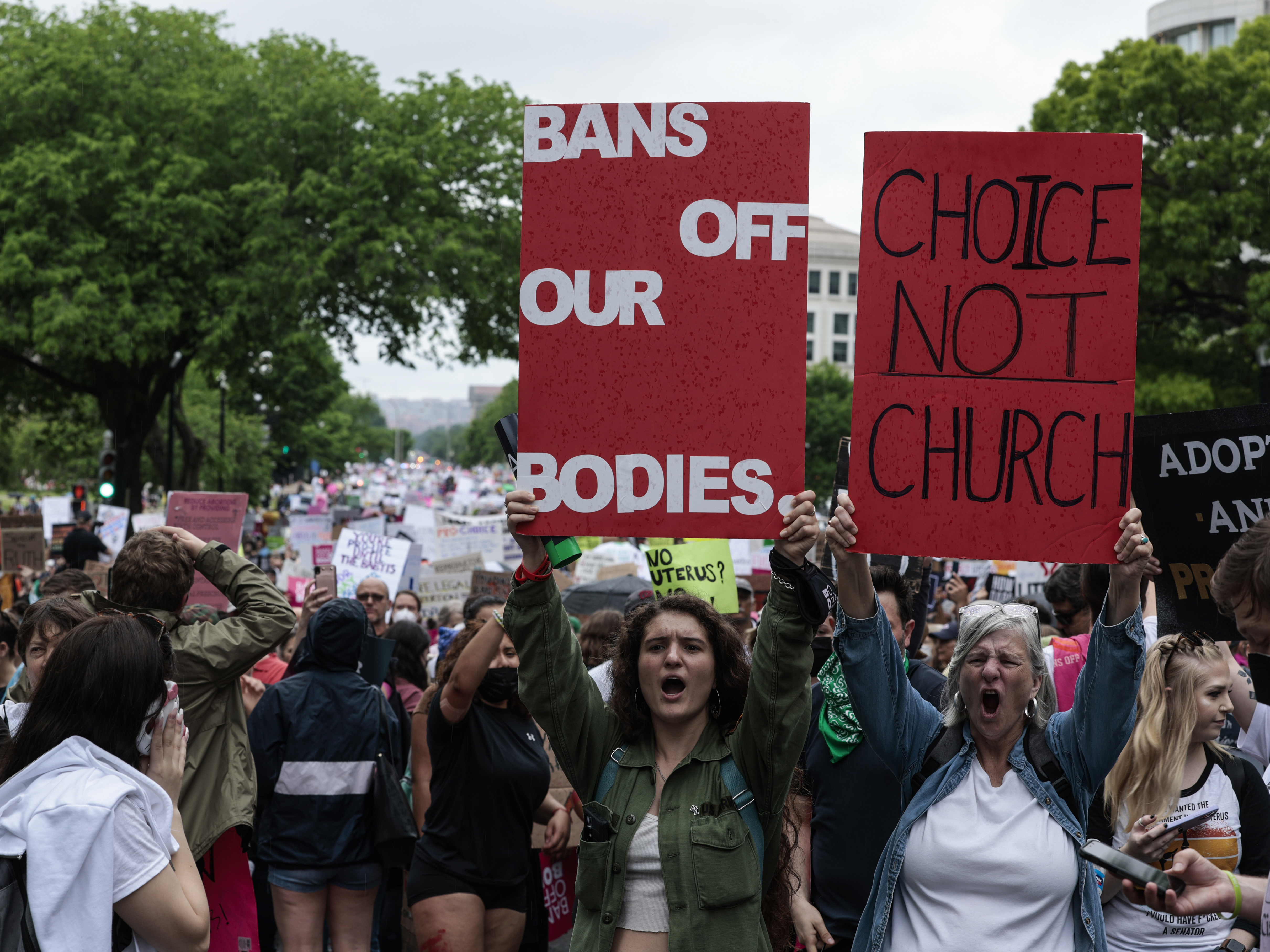 Abortion-rights demonstrators yell as they walk down Constitution Avenue during the Bans Off Our Bodies March on Saturday in Washington, D.C. (Getty Images)