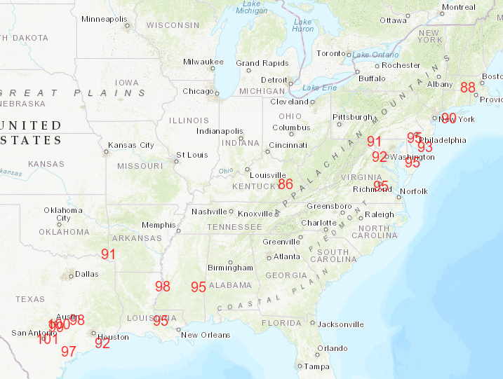 Unusually high temperatures in the South and Northeast U.S. on Saturday broke records marked on the same day in prior years. (National Weather Service)