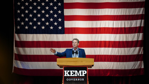 Georgia Republican Gov. Brian Kemp speaks during a campaign rally on the eve of the primary for governor, on Monday, May 23, 2022, in Kennesaw, Ga.