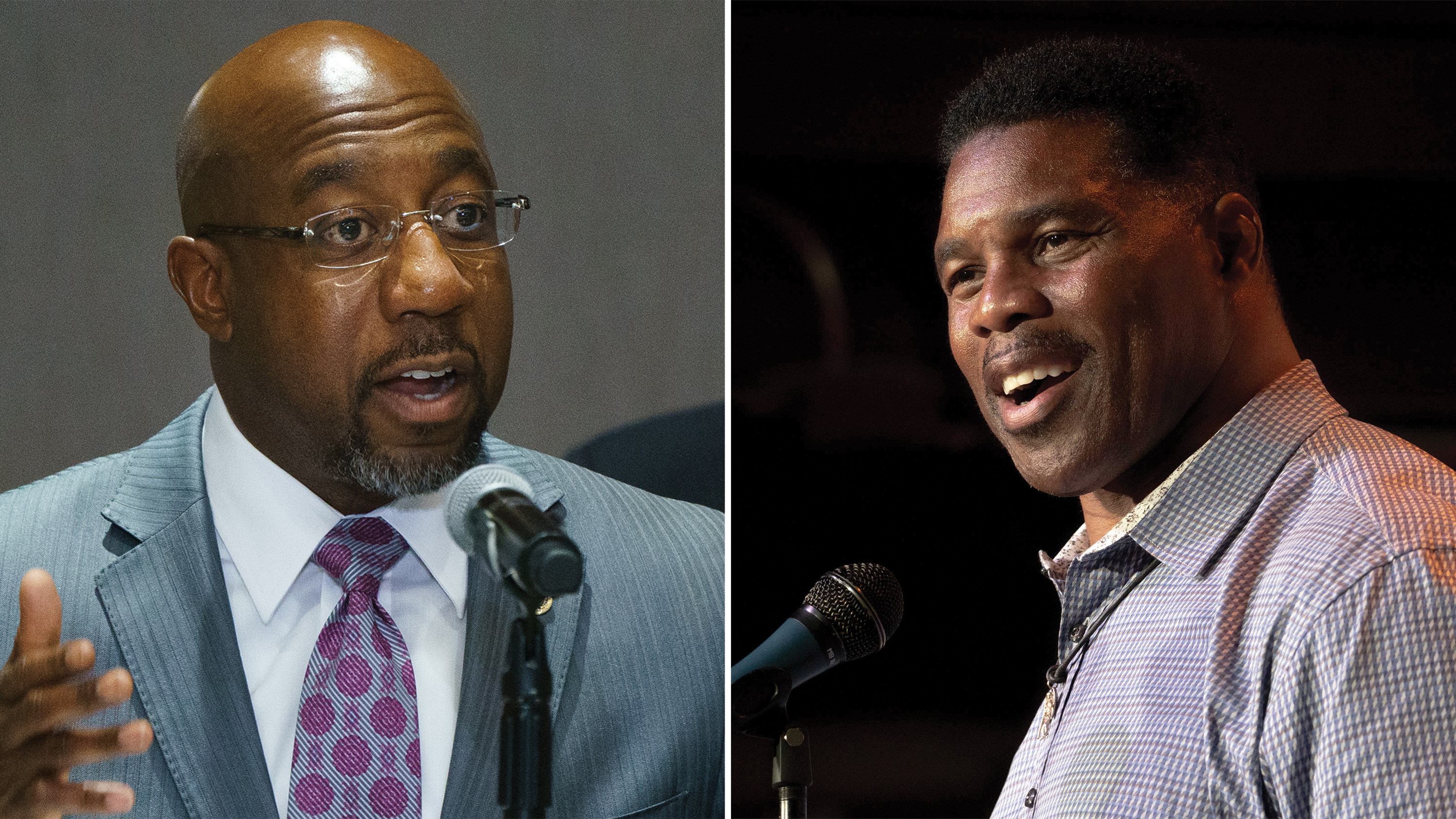 Democratic Sen. Raphael Warnock, left, will face Republican nominee Herschel Walker in November. (Elijah Nouvelage/Getty Images; Megan Varner/Getty Images)