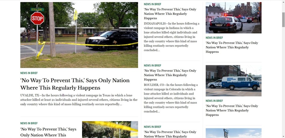 On Wednesday, The Onion's website was plastered with variations of the satirical piece it's republished after more than 20 mass shootings. (Screenshot by NPR)
