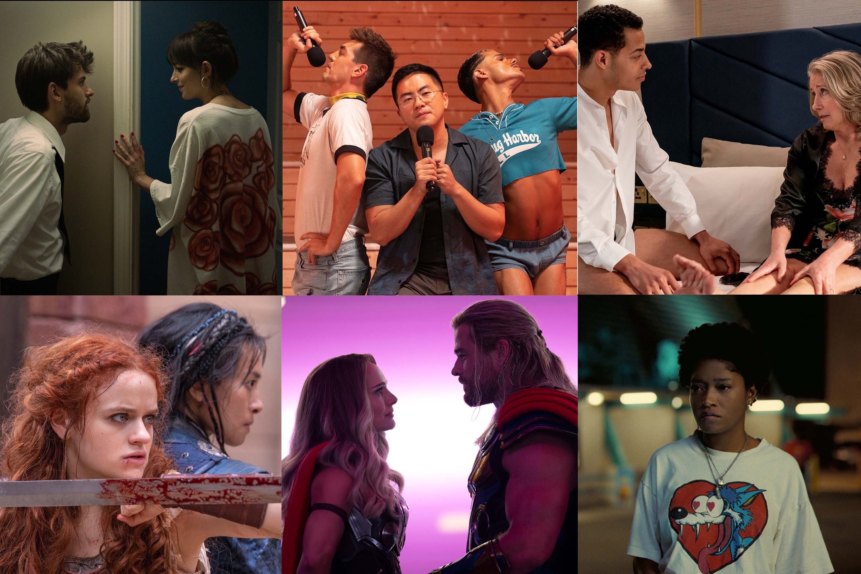 Movie stills from C<em>ha Cha Real Smooth, Fire Island, Good Luck to You, Leo Grande, The Princess, Thor: Love and Thunder</em>, and <em>NOPE</em>. (Apple TV+, Searchlight, Hulu, Marvel, Universal)