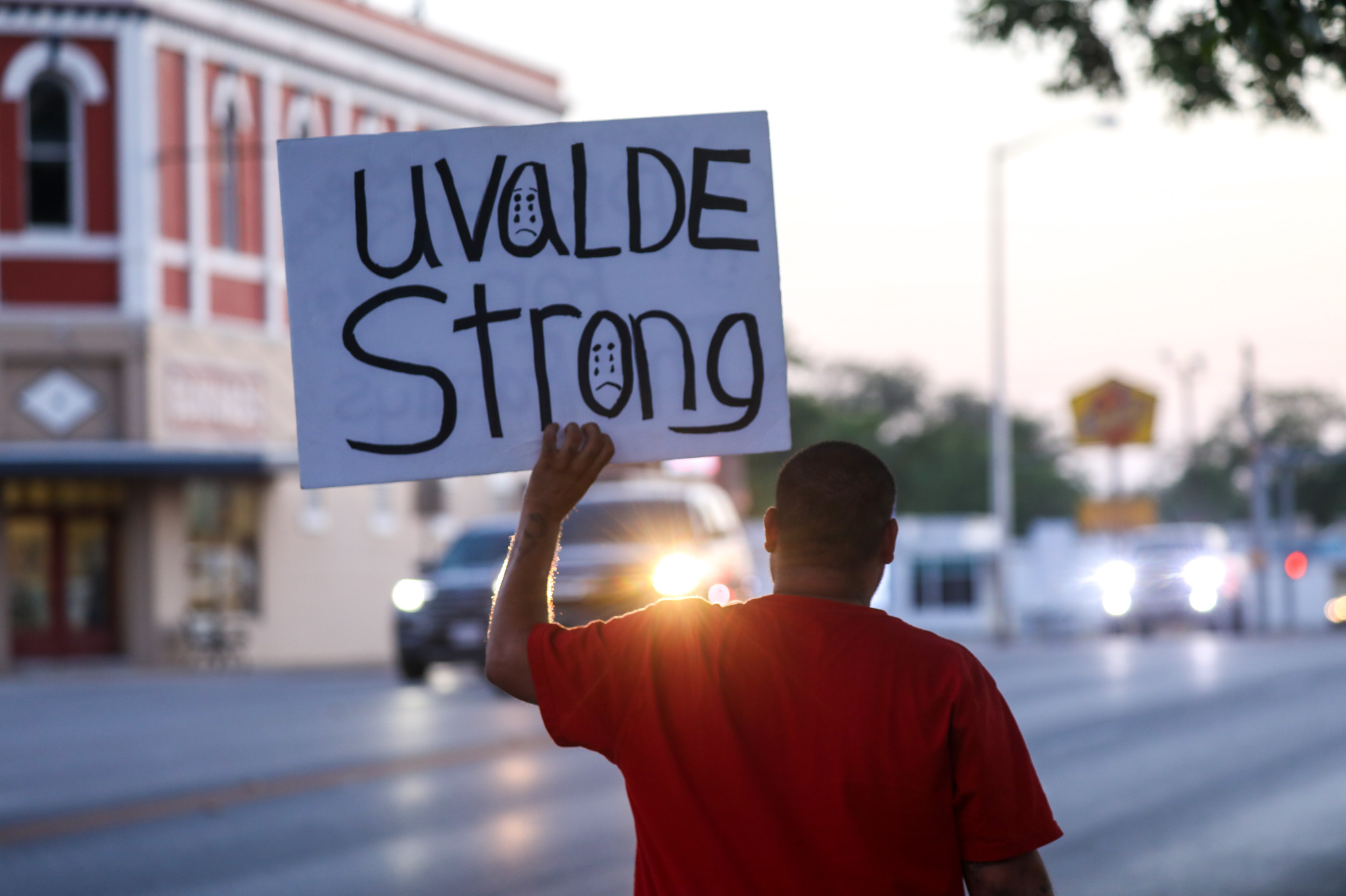 May 26: People visit memorials for victims of Tuesday's mass shooting at a Texas elementary school, in City of Uvalde Town Square.