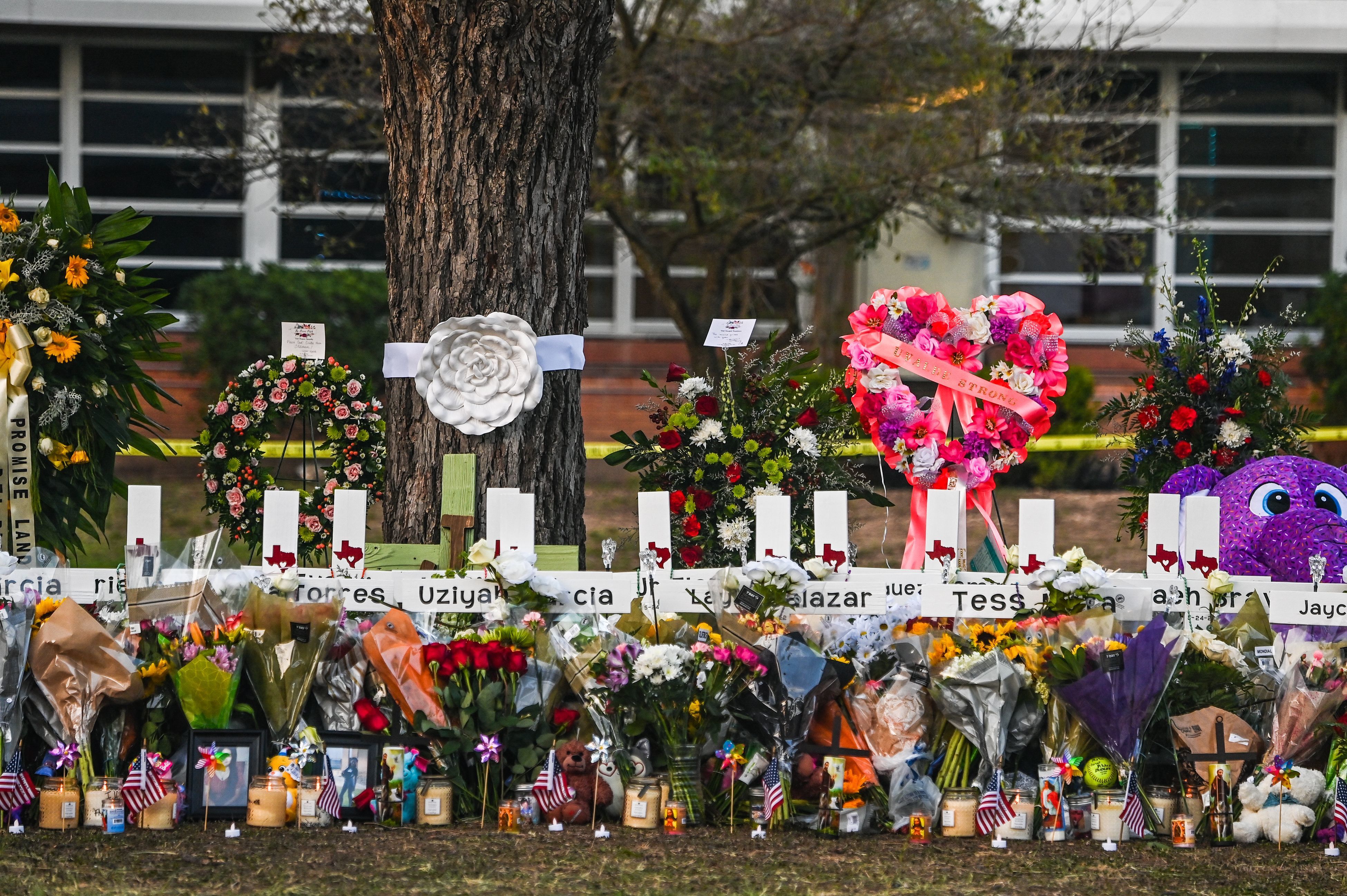 May 27: A makeshift memorial for the shooting victims outside Robb Elementary School in Uvalde, Texas.