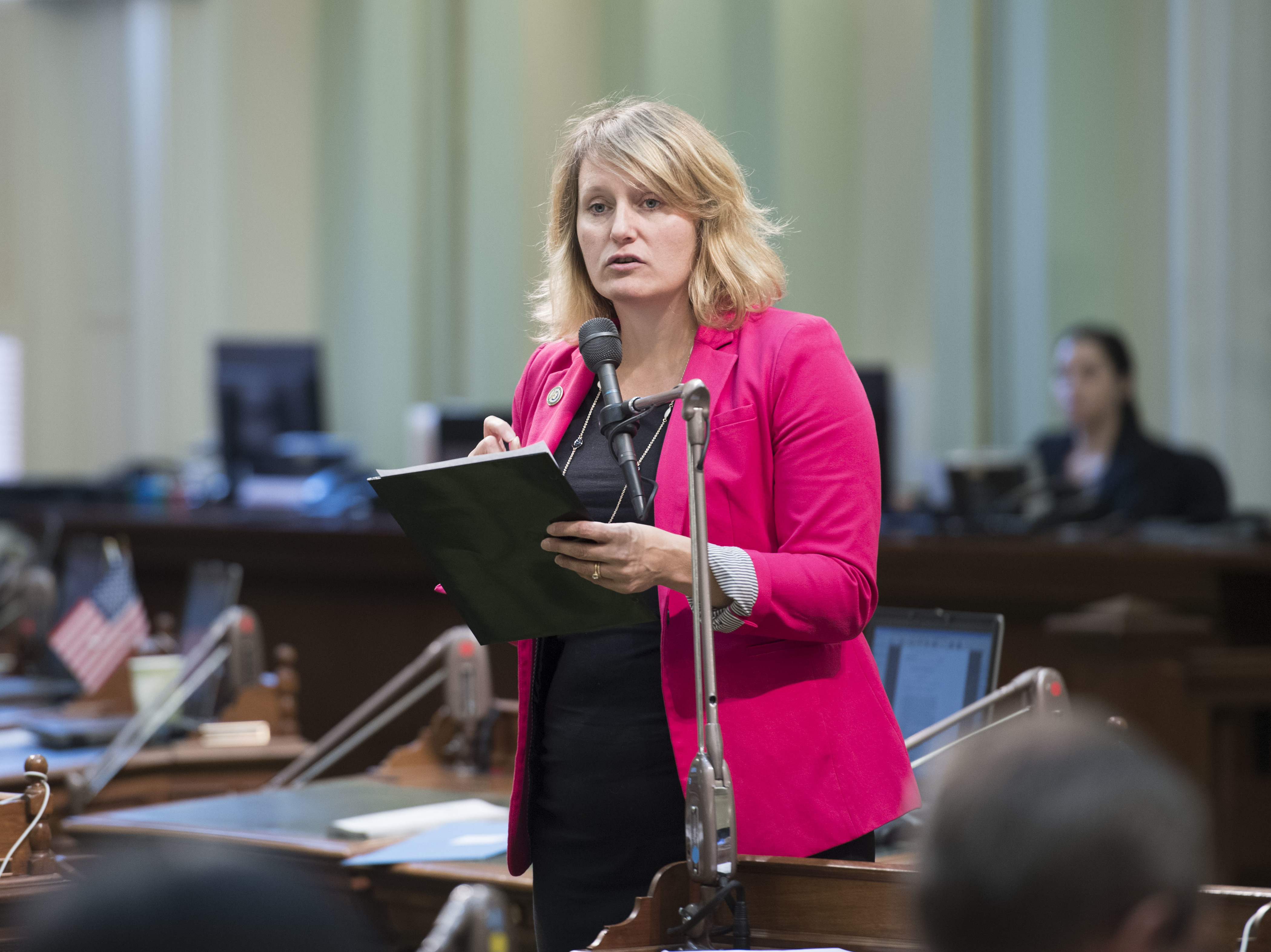 California Assembly member Buffy Wicks, a Democrat, speaks on the chamber floor in January 2020. In 2019, on the 46th anniversary of Roe v. Wade, she told the story of her own abortion. (Krishnia Parker/California State Assembly Democratic Caucus)