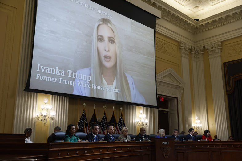 Ivanka Trump, former senior adviser to Donald Trump, displayed on a screen during a hearing of the Select Committee to Investigate the January 6th Attack on the U.S. Capitol in Washington, D.C. (Ting Shen/Bloomberg via Getty Images)