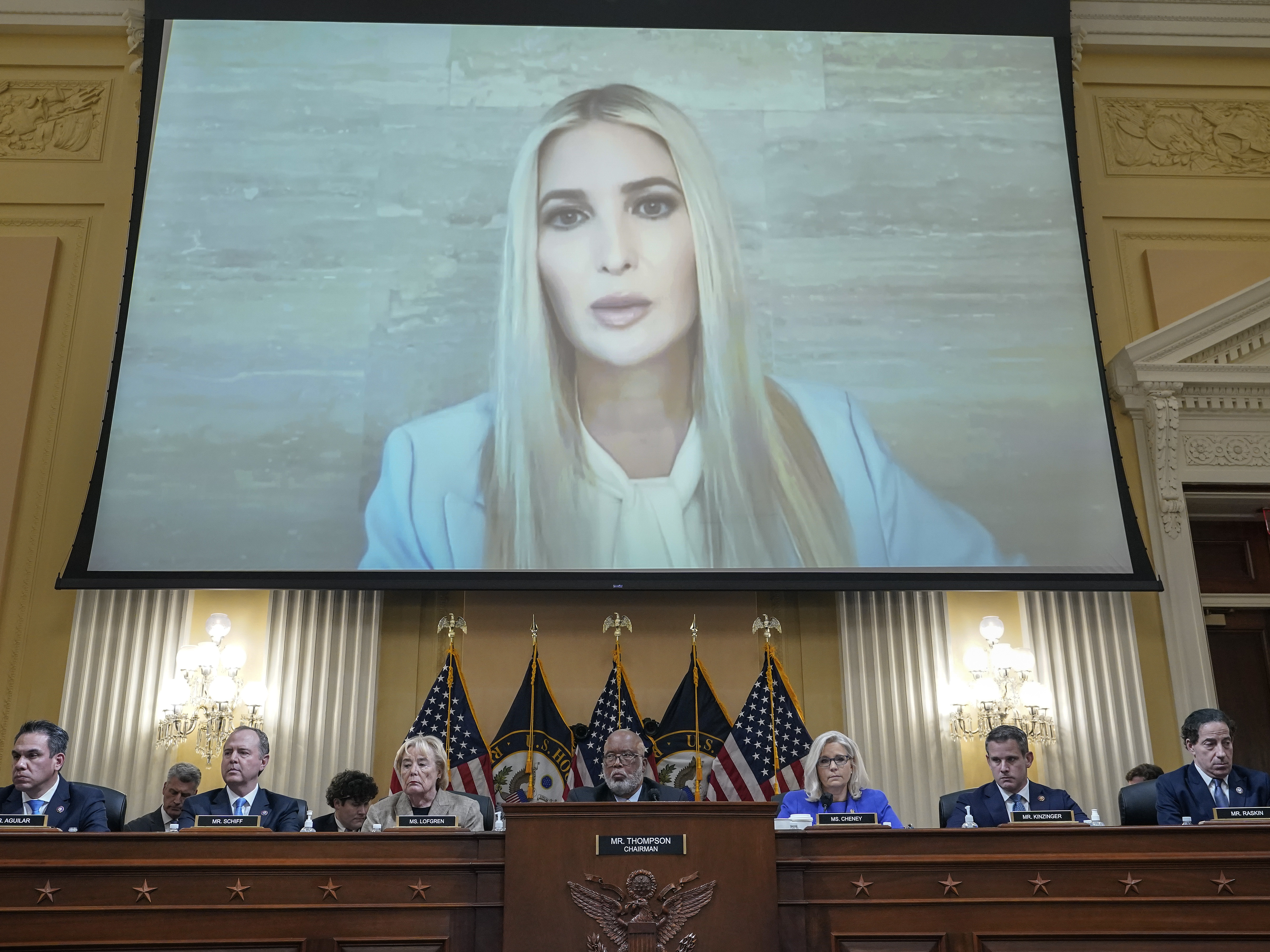 Ivanka Trump's testimony to the Jan. 6 committee is displayed on a screen during the committee's hearing on Thursday. (Getty Images)