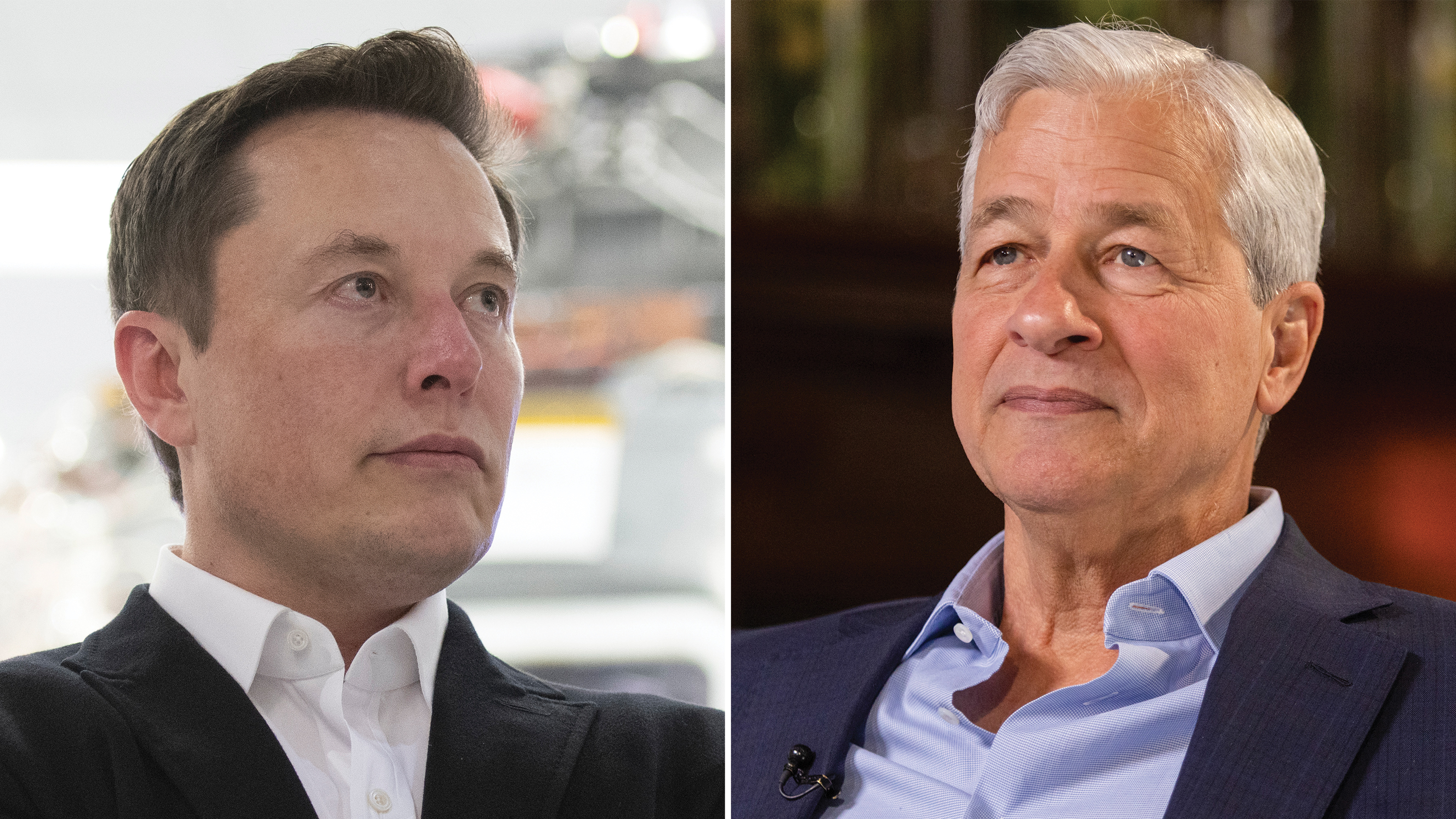 (L) Elon Musk, CEO of Tesla; (R) Jamie Dimon, CEO of JPMorgan Chase & Co. Both top executives have recently expressed concern about the economy as the Fed continues its fight against inflation. (Patrick Pleul/picture alliance via Getty Images; Chris Ratcliffe/Bloomberg via Getty Images)