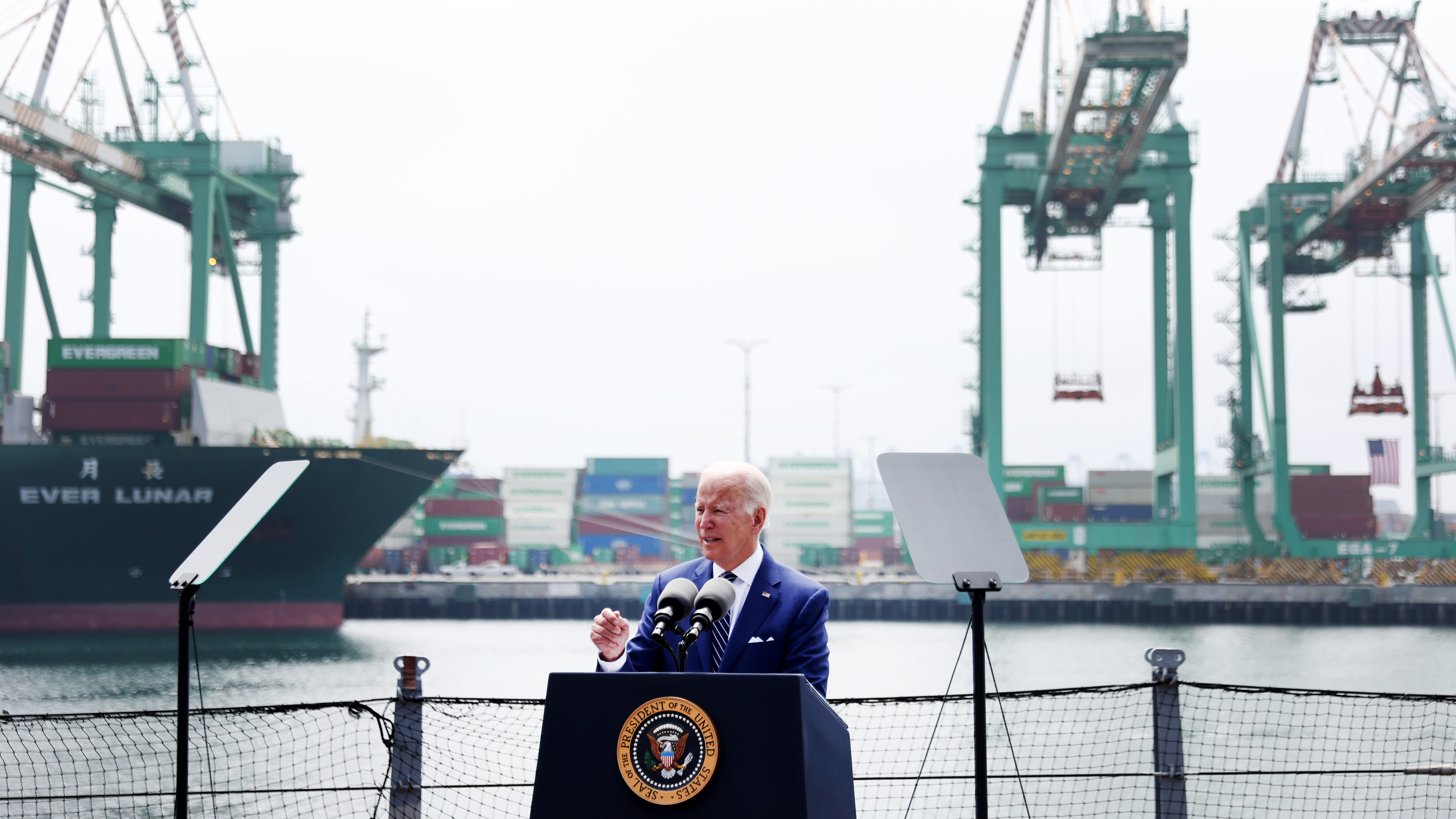 President Biden railed against oil company profits at an event at the Port of Los Angeles, saying, &quot;Exxon made more money than God last year.&quot; (Getty Images)