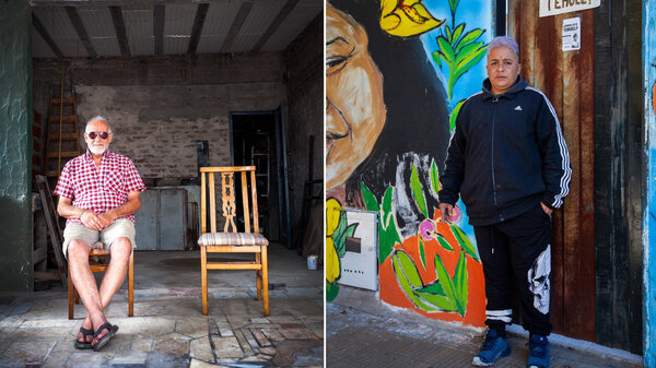 Left: Andrés de la Torre, father of Tehuel de la Torre. Tehuel is a young trans man who disappeared in March of 2021. Right: Say Sacayán, a transgender rights activist, standing in front of a sign that reads "Where is Tehuel?"
