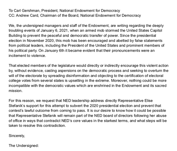 An image of the letter staff sent to the National Endowment for Democracy's leadership on Jan. 7, 2021. It was addressed to Andrew Card and Carl Gershman, who are no longer at the organization.