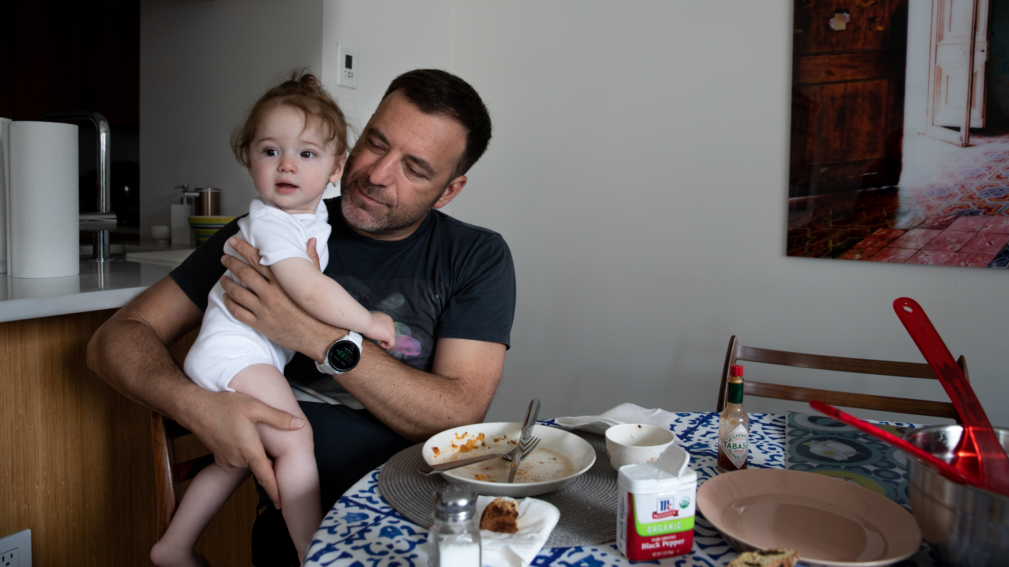 Cenk Bulbul, a single dad by choice, with his youngest daughter Gaia Bulbul in New York, NY. Cenk had both his daughters via the same surrogate using donor eggs and his sperm to make the embryos that were implanted.