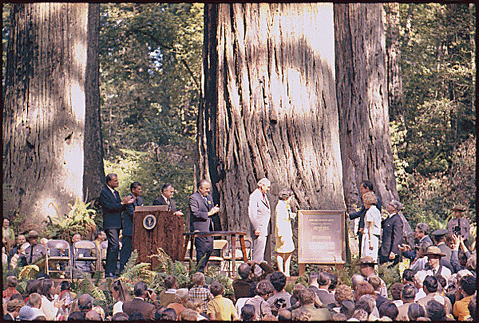 Lady Bird Johnson Grove dedication ceremony with Presidents Richard Nixon and Lyndon Johnson, and First Ladies Lady Bird Johnson and Pat Nixon.