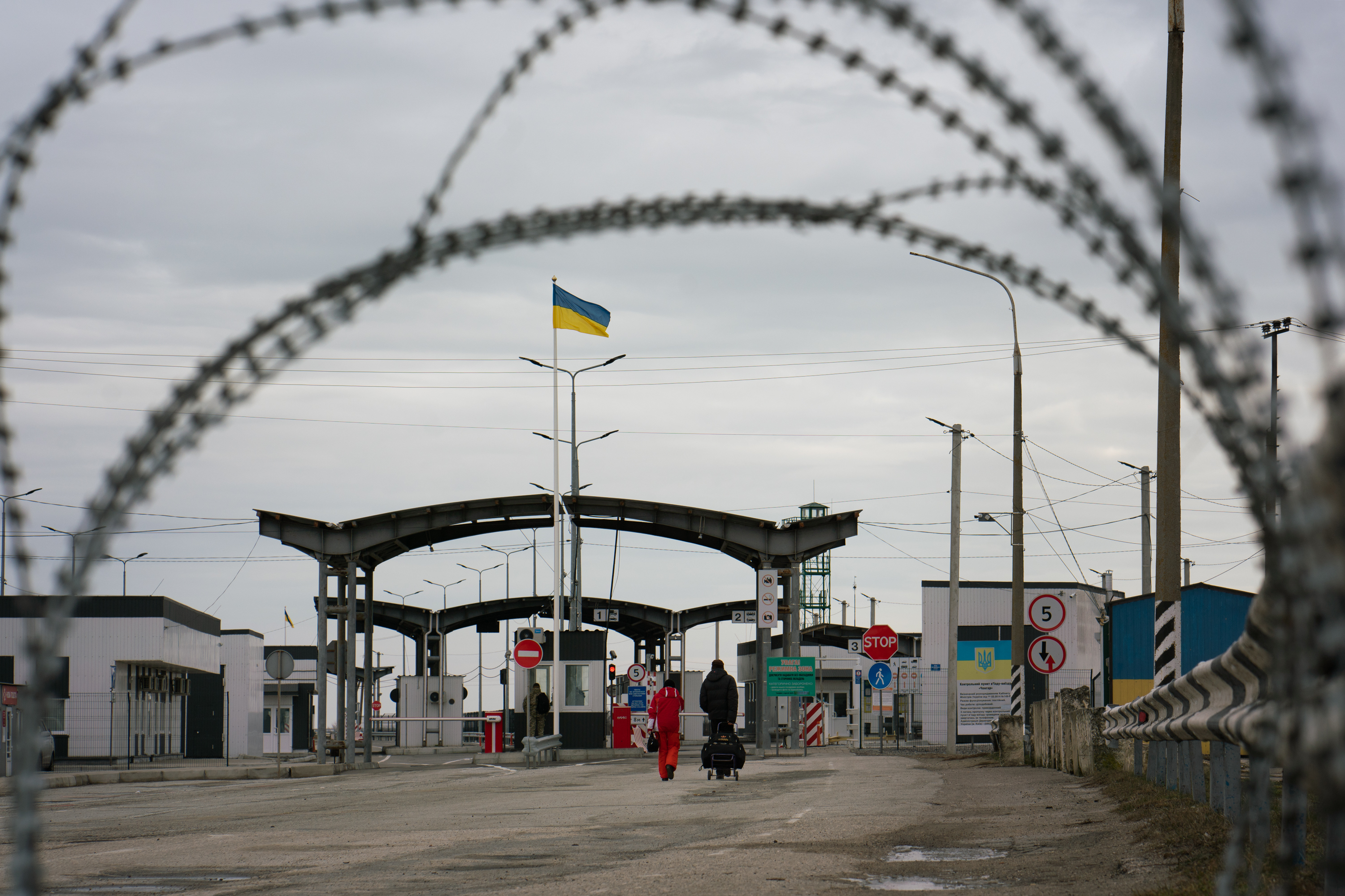 The boundary between Ukraine and Crimea, in a photo from early February of this year. Russia seized Crimea from Ukraine in 2014. On Feb. 24 of this year, Russian forces in Crimea pushed deeper into southern Ukraine and have seized additional territory in the region. (NPR)