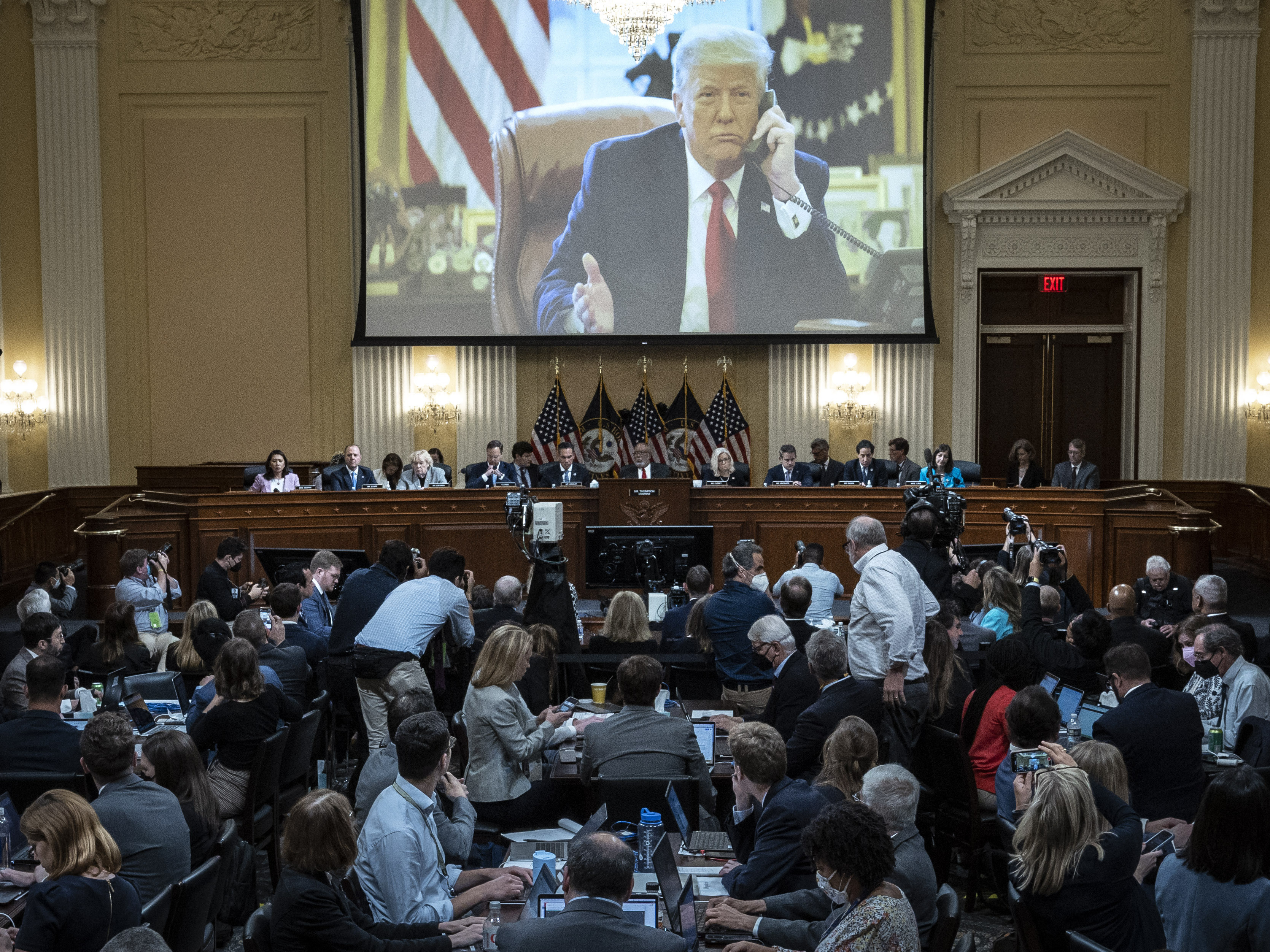 An image of former President Trump is displayed during the third hearing of the House Jan. 6 committee Thursday. (POOL/AFP via Getty Images)