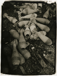 Shells sit in a pile in Mala Rohan, a village on the outskirts of Kharkiv, Ukraine, in 2022.