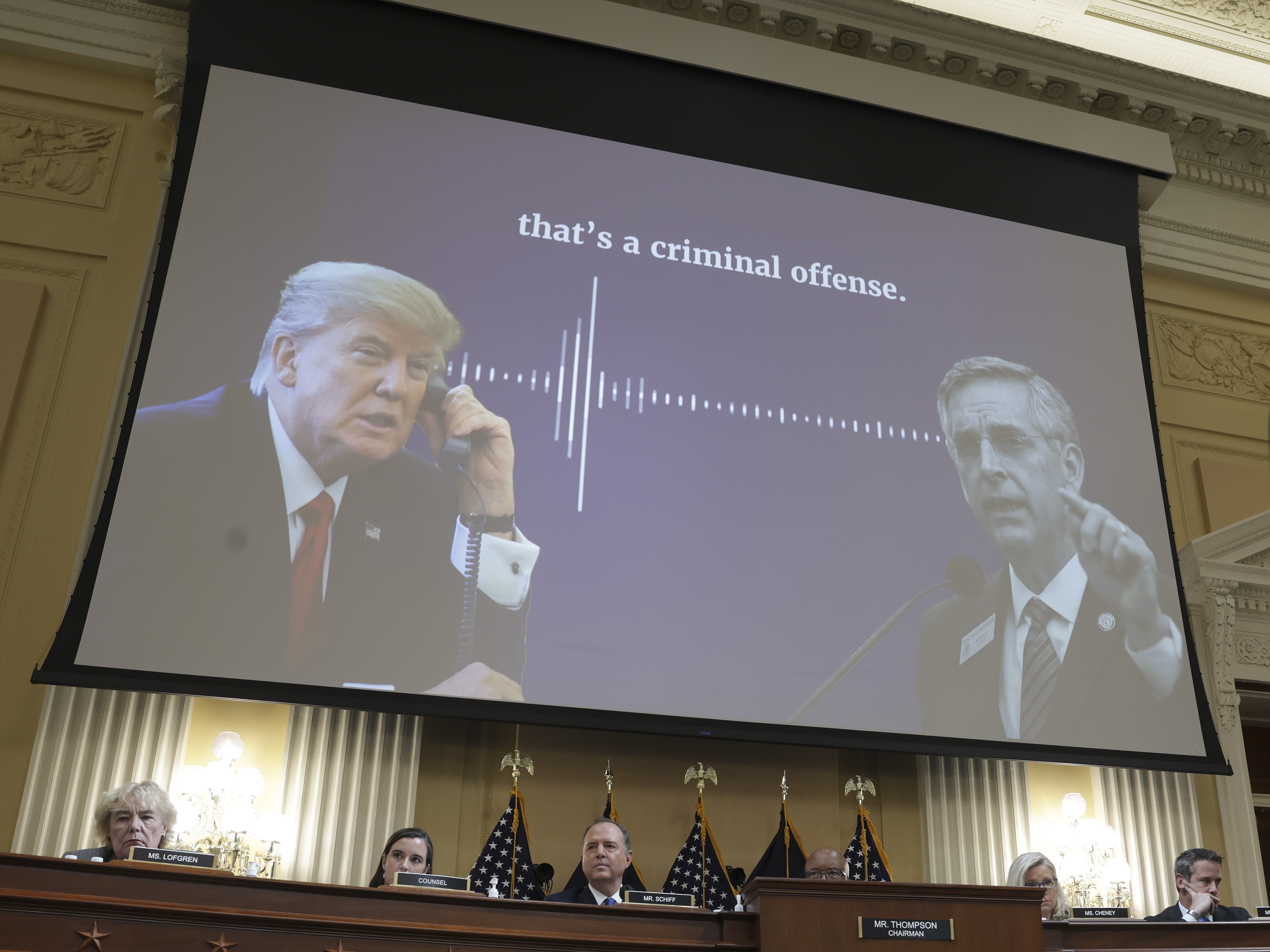 The House Select Committee has used TV news techniques and documentary evidence to argue that then President Donald Trump knowingly pressured public officials to commit illegal acts. In this case, the panel displayed a transcript of his call to Georgia Secretary of State Brad Raffensperger as it played excerpts of the audio. (Getty Images)