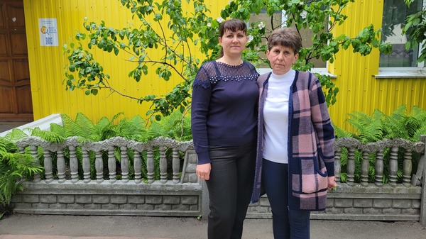 Iryna Andrusha (left) and Kateryna Andrusha, sister and mother, respectively, of Ukrainian school teacher Viktoria Andrusha, who was taken by Russian forces from the village of Novyi Bykiv in late March.