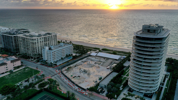 In an aerial view, a cleared lot where the 12-story Champlain Towers South condo building once stood is seen on June 22, 2022 in Surfside, Florida. This week marks the first anniversary of the tragic event where 98 people died when the building partially collapsed.