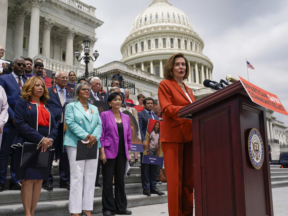 House Speaker Nancy Pelosi, D-Calif., speaks about the gun control bill on Friday.