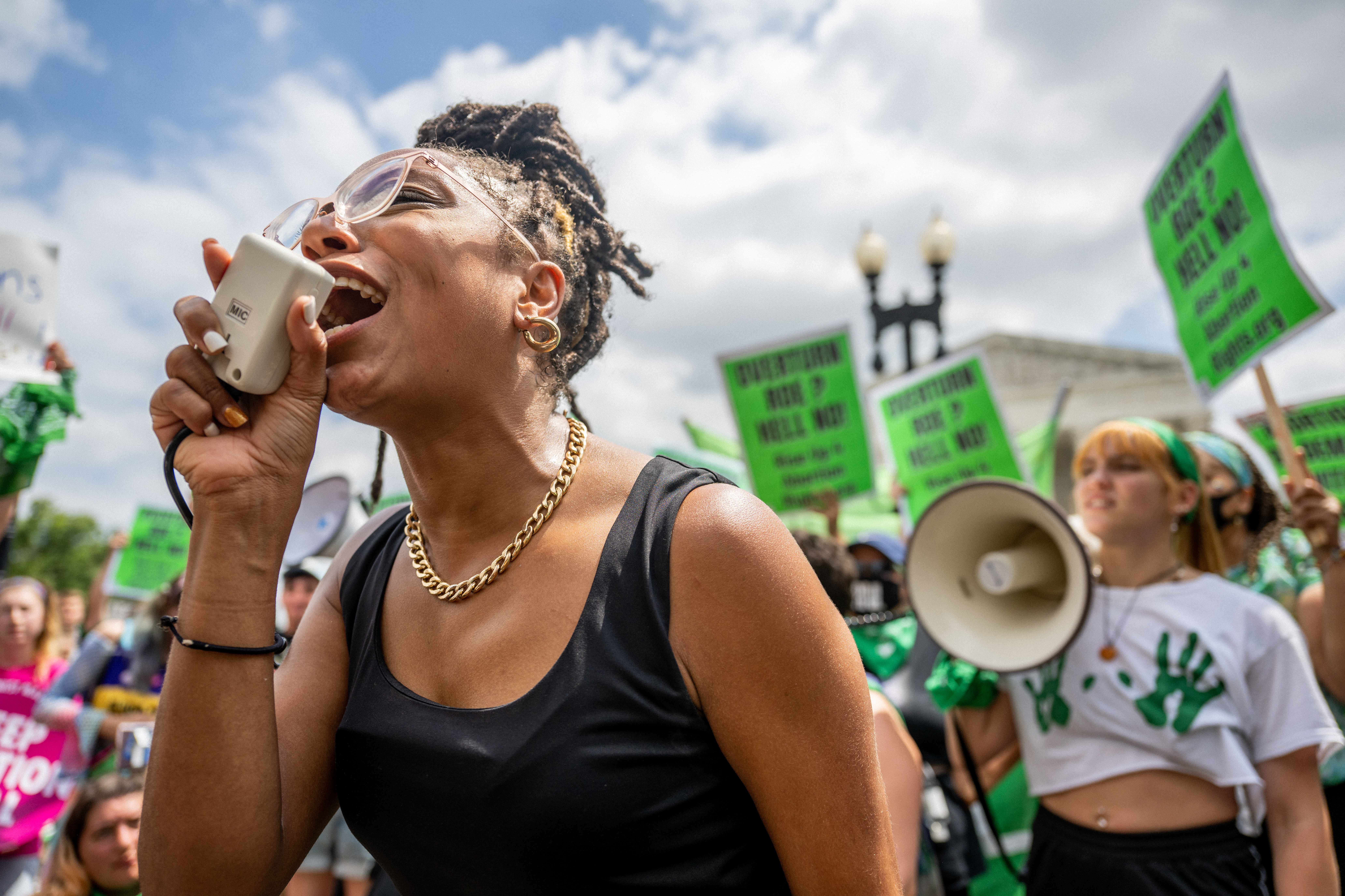 What people said outside the Supreme Court after Roe v. Wade was overturned 1 Abortion rights demonstrator Elizabeth White leads a chant in response to the Dobbs v. Jackson Women's Health Organization ruling in front of Supreme Court on Friday.
