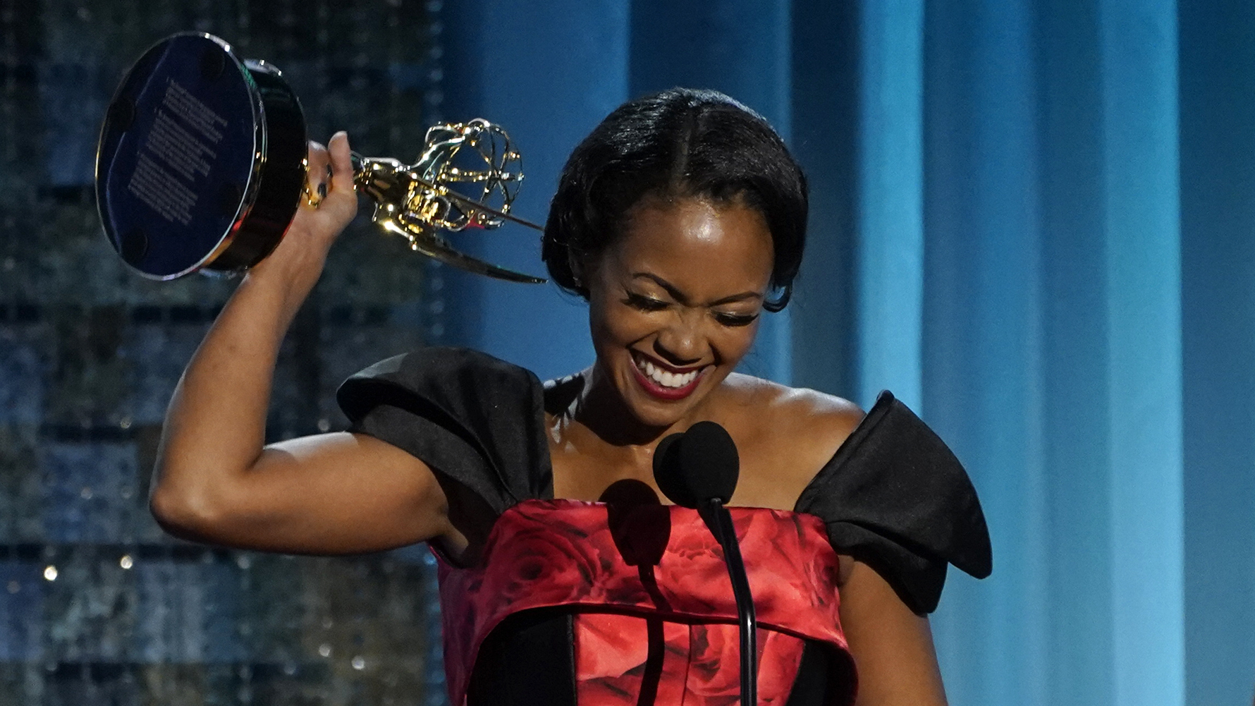 Mishael Morgan accepts the award for outstanding performance by a lead actress in a drama series for her role in "The Young and the Restless" at the 49th annual Daytime Emmy Awards on Friday.