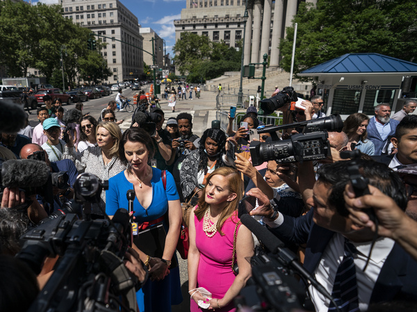 Sarah Ransome, left, and Elizabeth Stein, right, alleged victims of Jeffrey Epstein and Ghislaine Maxwell, speak to reporters outside federal court, on June 28, 2022, in New York.