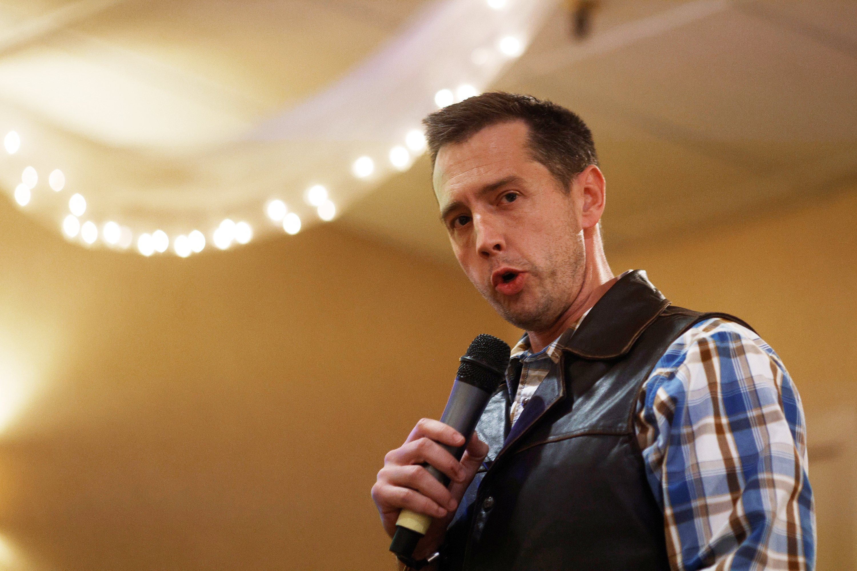 Seth Keshel speaks at a New Hampshire election security seminar presented by the New Hampshire Voter Integrity Group in Manchester, N.H., on Nov. 19, 2021. Seth Keshel, a retired U.S. Army captain, has worked to challenge the results of the 2020 presidential election. (Reuters)