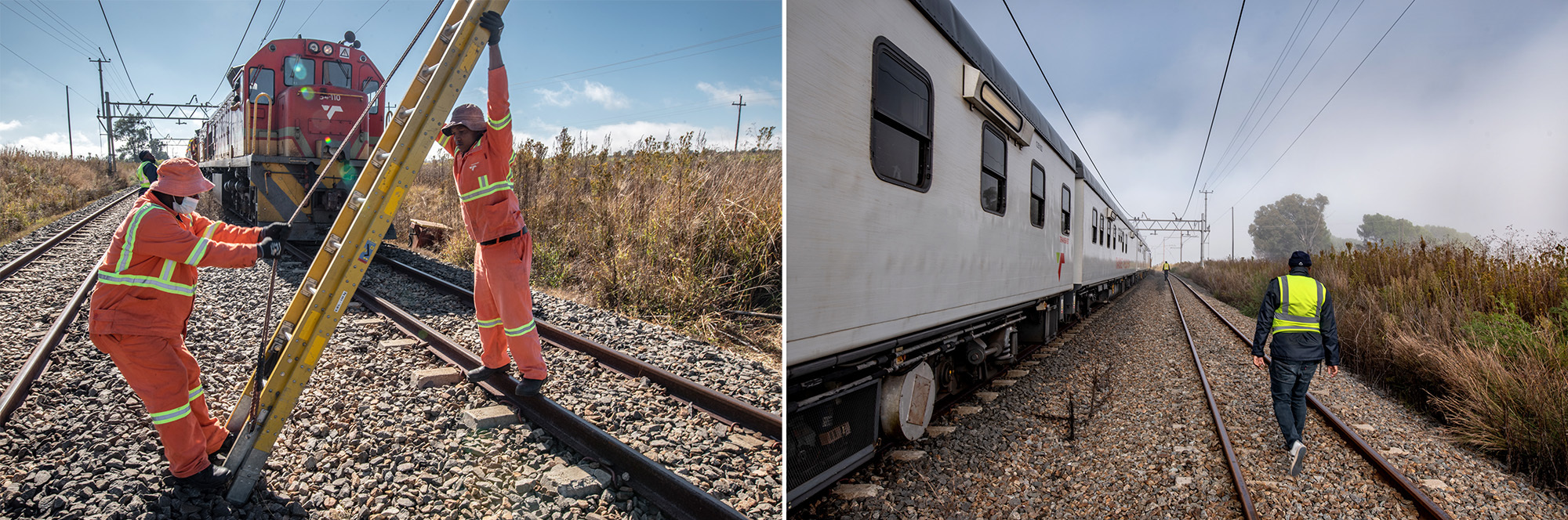 PHOTOS: South Africa's 'train of hope' is a godsend for millions. But new threats loom 8 Left: A maintenance team repairs damage to a railway line caused by cable thieves near Kroonstad, South Africa, as the Phelophepa waits to continue its journey through the Free State province. Right: A worker walks down a length of track near the Phelophepa. South Africa's railways have been hit hard by looting in recent years, a problem that has grown dramatically worse during the pandemic.