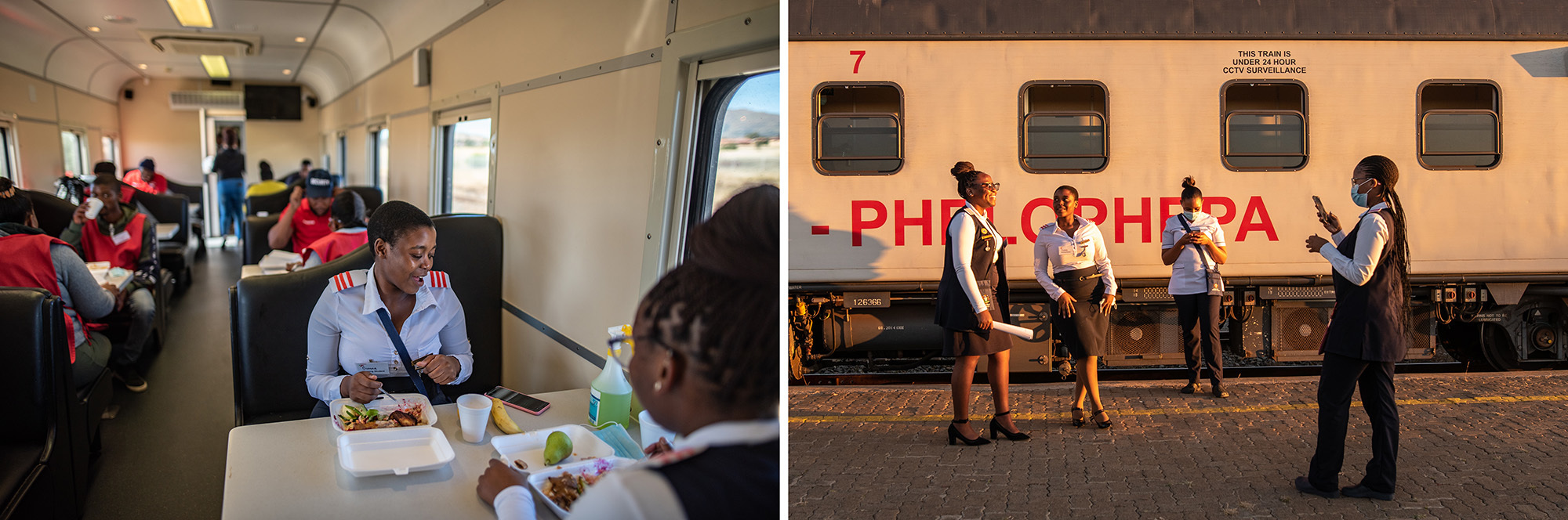 PHOTOS: South Africa's 'train of hope' is a godsend for millions. But new threats loom 9 Left: Medical staff eat lunch in the dining carriage of the Phelophepa. Right: Nursing students pose for pictures at the end of their first day of work onboard the Phelophepa. Final-year students can spend two weeks on the train supporting the Phelophepa's medical team, gaining on-the-job experience before completing their studies.
